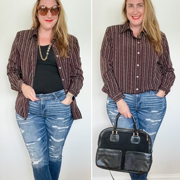 Vintage Liz Baker dotted striped padded shoulder button-down blouse size 16 XL - Picture 8 of 8